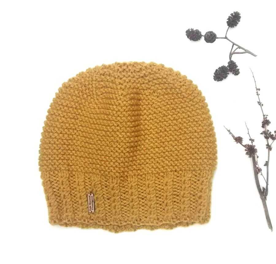 Mustard Hand Knitted Beanie Hat 