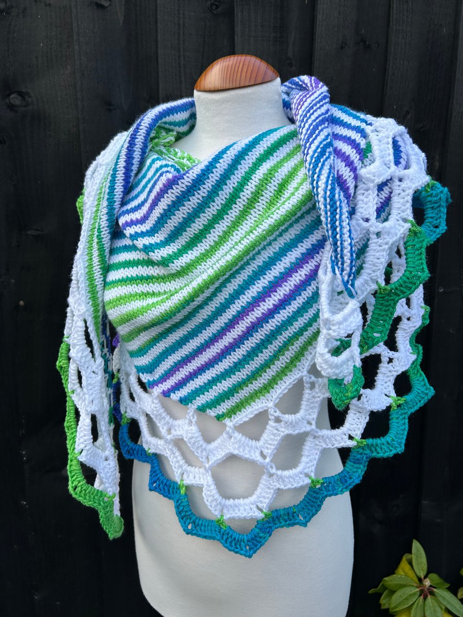 Summer Breeze Vegan yarn stripes and scallops asymmetrical shawl wrap 