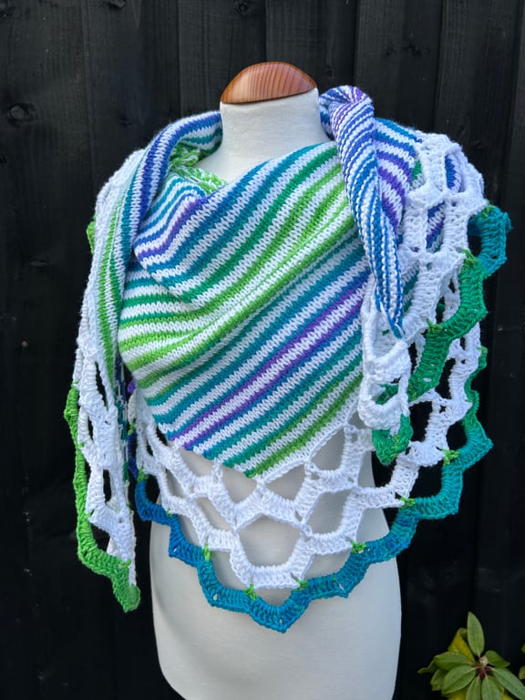Summer Breeze Vegan yarn stripes and scallops asymmetrical shawl wrap 