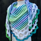 Summer Breeze Vegan yarn stripes and scallops asymmetrical shawl wrap 