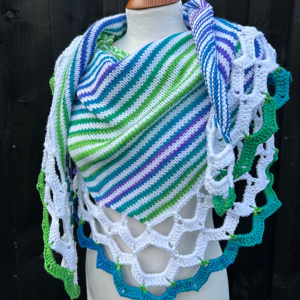 Summer Breeze Vegan yarn stripes and scallops asymmetrical shawl wrap 