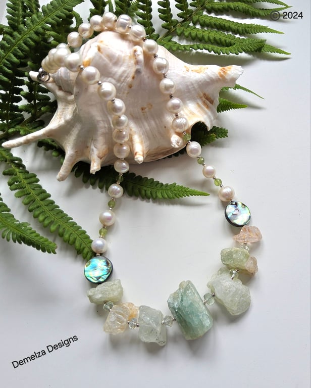 Organic Aquamarine , Pearl,  Peridot,  Abolone Shell Sterling Silver Necklace