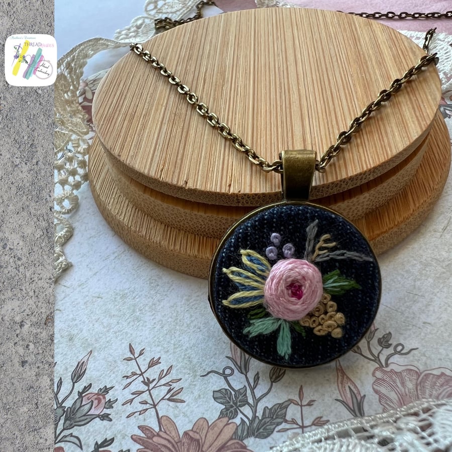 Hand embroidered pendant, round antique bronze pendant, rose flower pendant, han