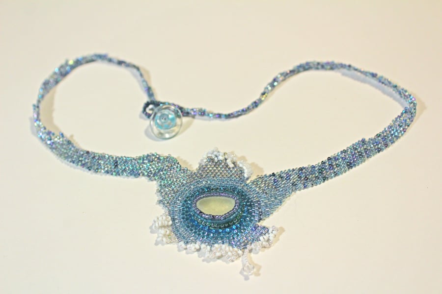 Blue Green Seaglass Moonlit Wave Beaded Necklace