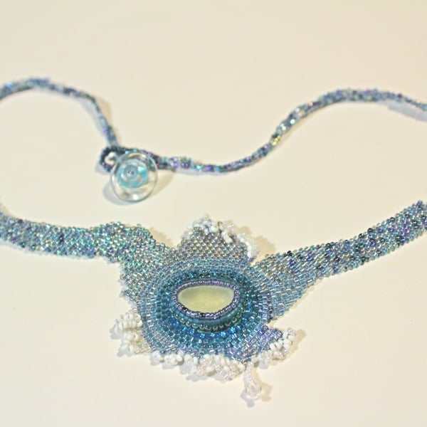 Blue Green Seaglass Moonlit Wave Beaded Necklace