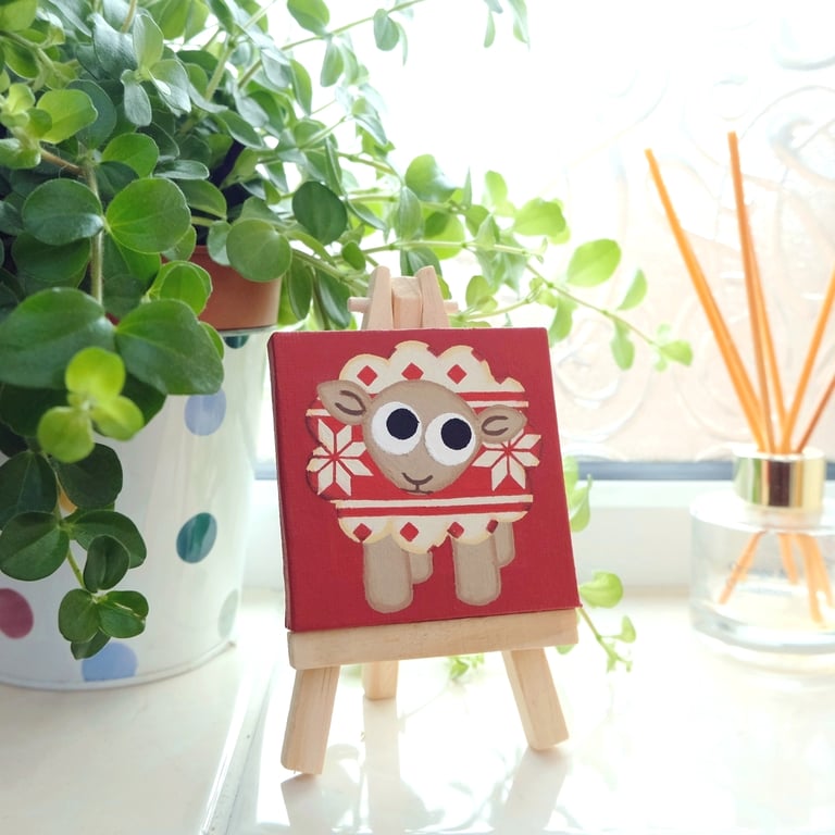 Sheep in a Woolly Jumper Original Mini Painting - quirky red sheep art 