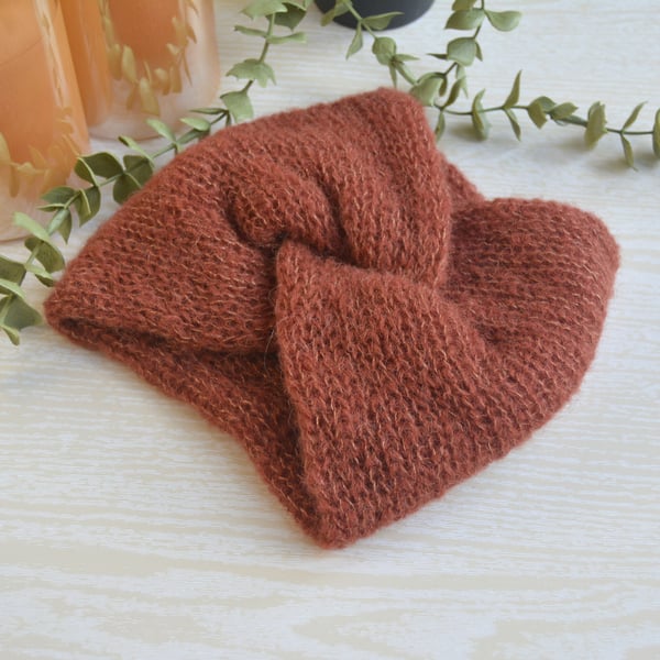 Knitted Headband Earwarmer Soft Alpaca Silk Burnt Copper Ready Made