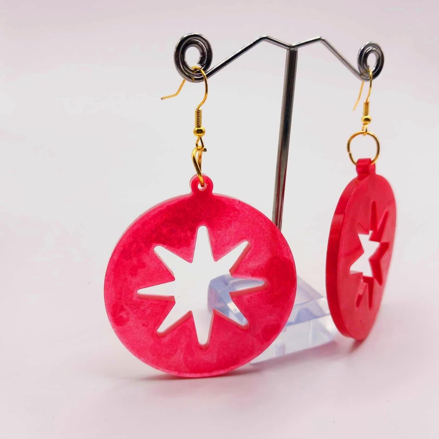 Large Round Vibrant Red Drop Earrings with Star Cut-Out Centre