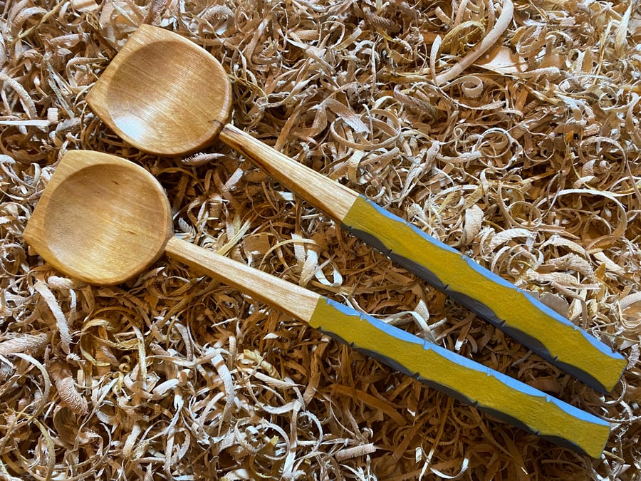 Birch Wood Salad Server Set with milk paint and chip carved handle