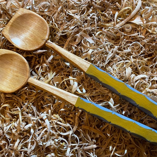 Birch Wood Salad Server Set with milk paint and chip carved handle