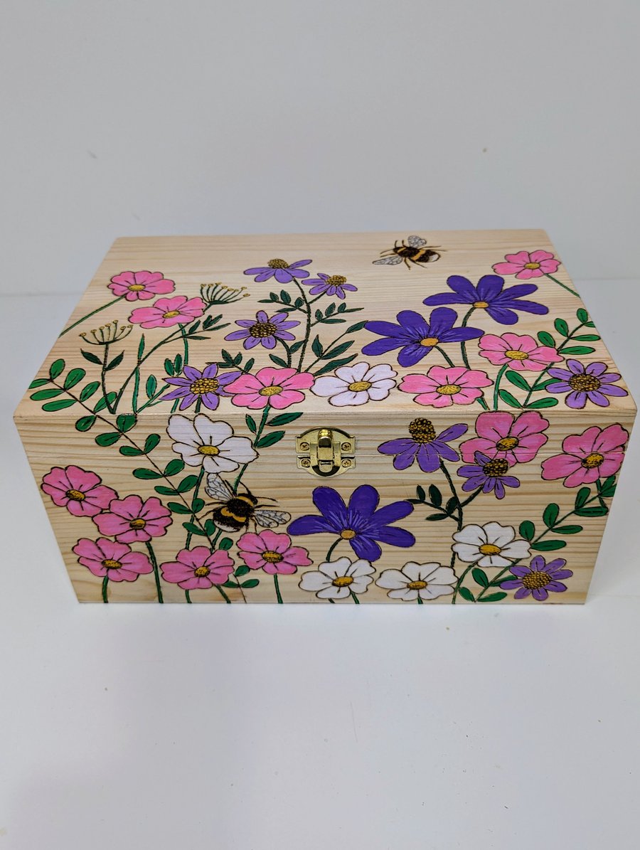 Keepsake or memory wooden box, pyrography wildflowers and bees, wedding gift 