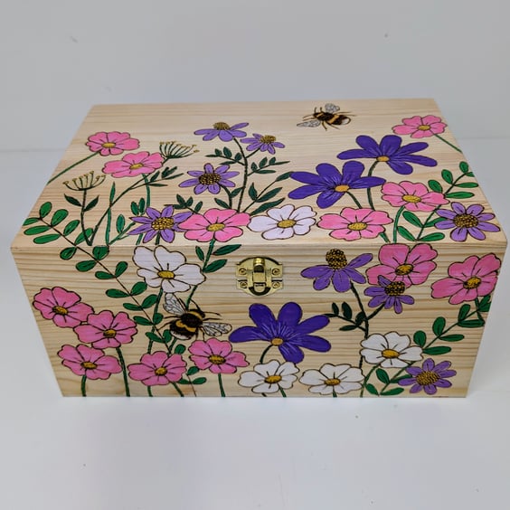 Keepsake or memory wooden box, pyrography wildflowers and bees, wedding gift 