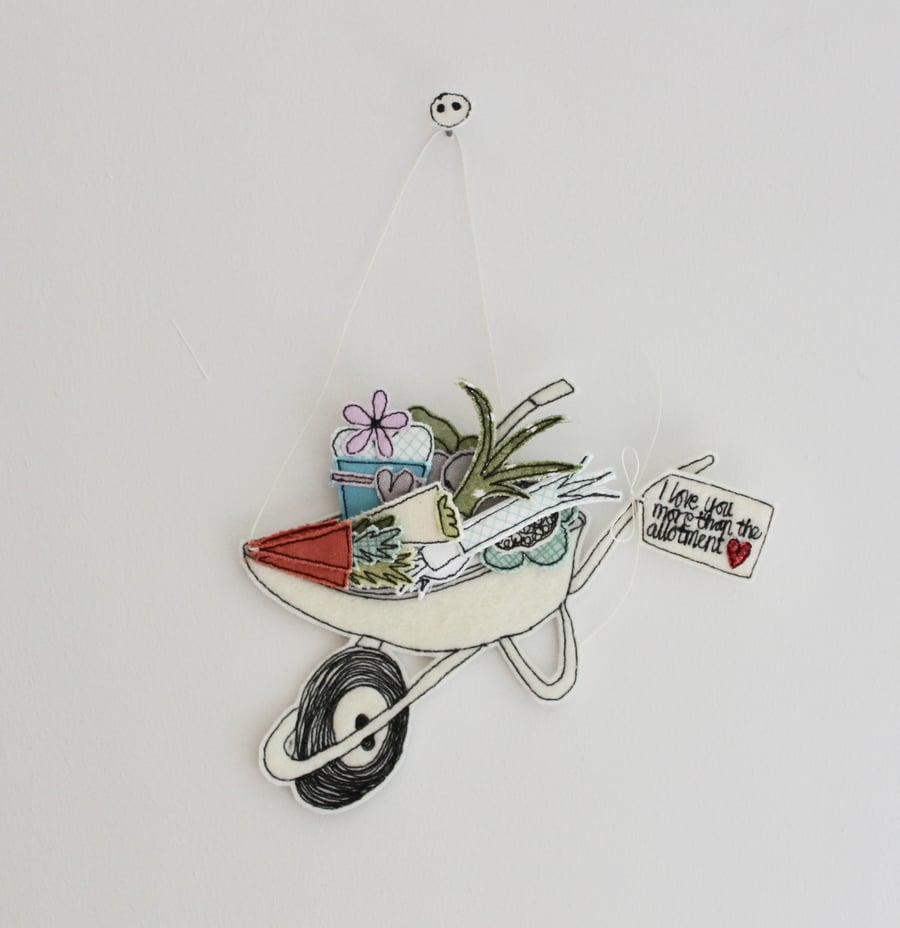 'I love you more than the Allotment' Wheelbarrow - Hanging Decoration