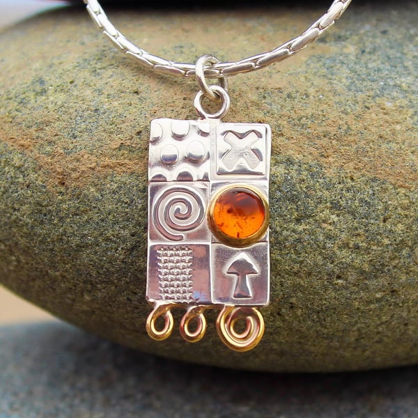 Amber pendant, embossed sterling silver handmade pendant, necklace, silver chain