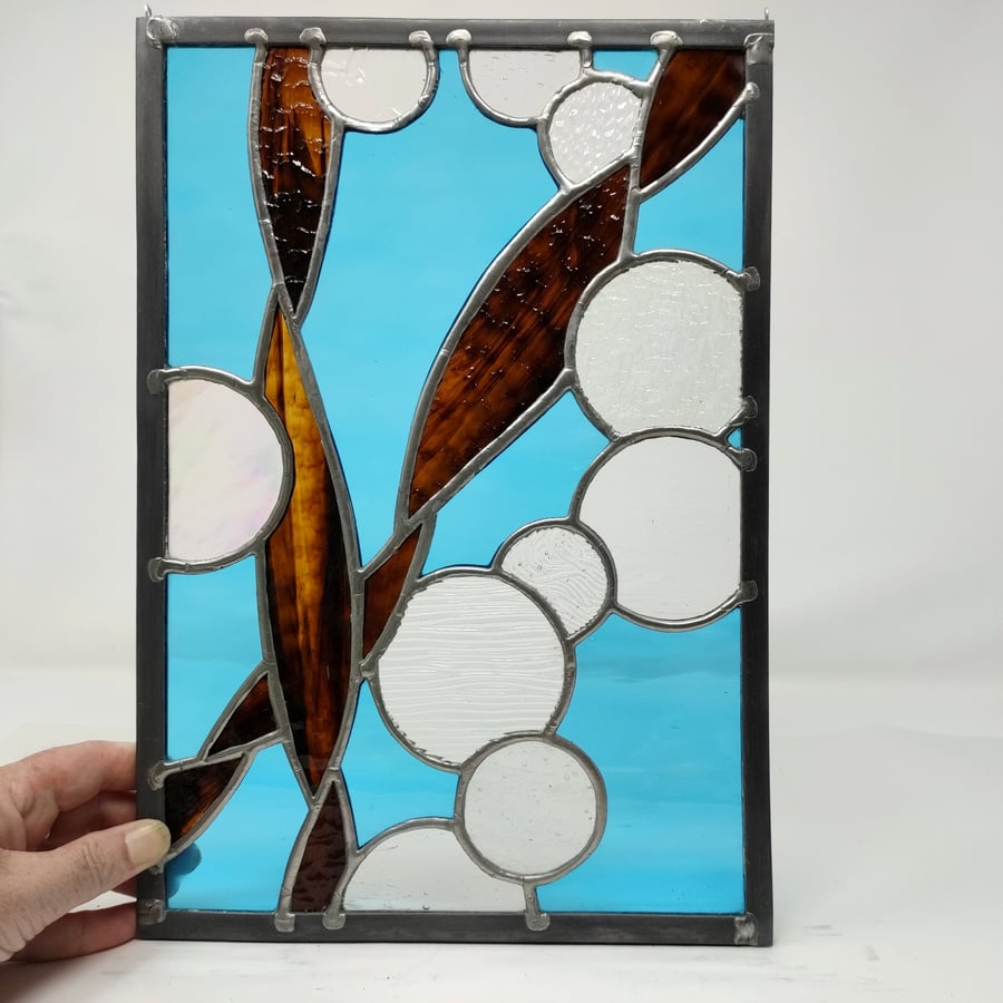 SOLD Stained glass seaweed or reeds and bubbles panel. copperfoil and lead 