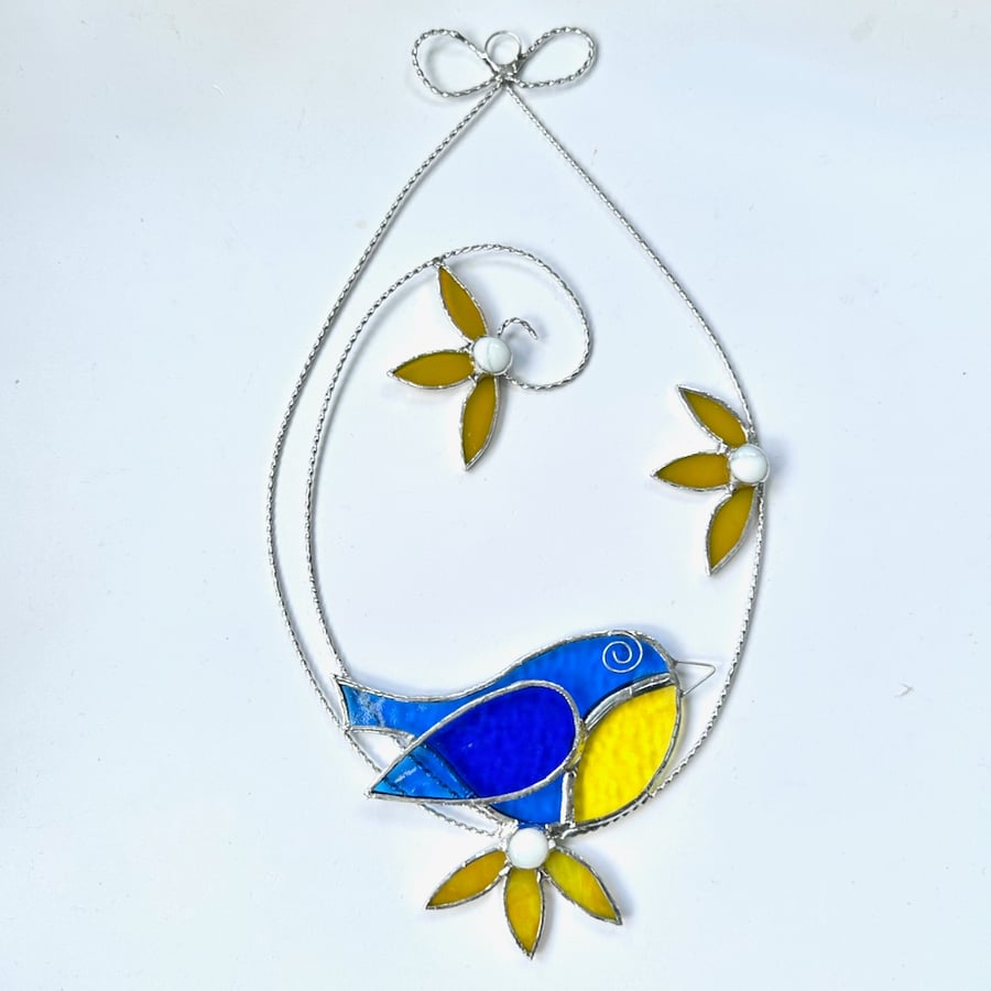 Stained Glass Blue Tit Circle Suncatcher - Handmade Window Decoration