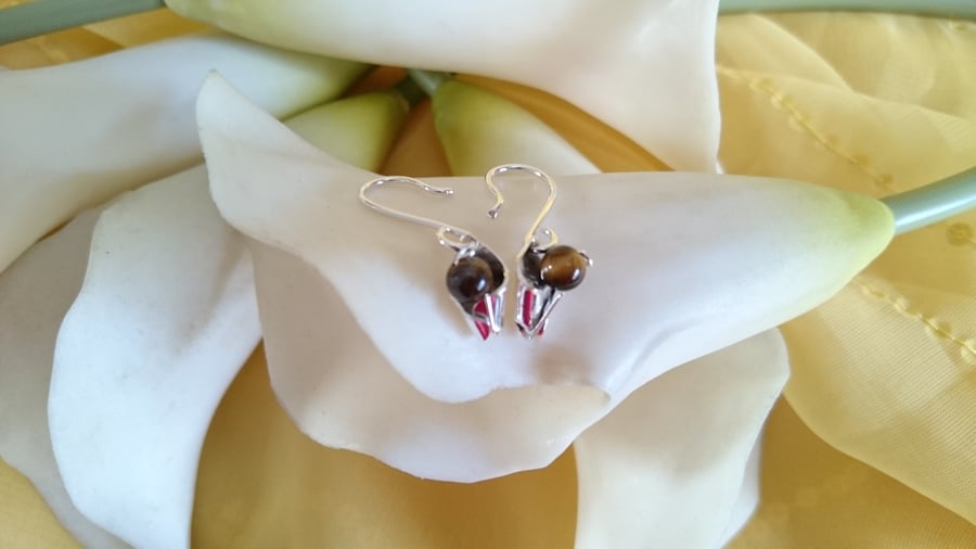 3d calla lily with tigers eye sterling silver earrings