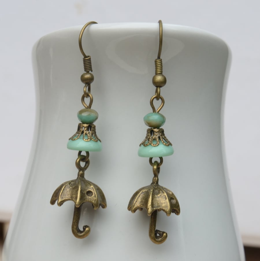 Handmade Umbrella Charm Earrings with Aqua Turquoise Beads