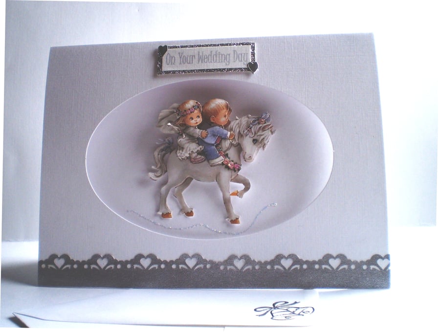 Wedding decoupage bride and groom on horse