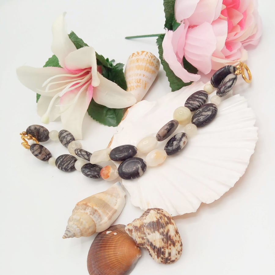 2 Strand Bracelet with Black & White Mixed Jade Agate & Quartz Beads, Bracelet