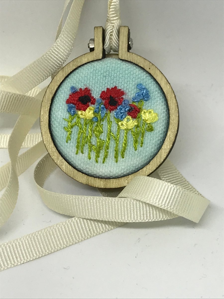 Poppy and Cornflower Hedgerow, Embroidered Pendant