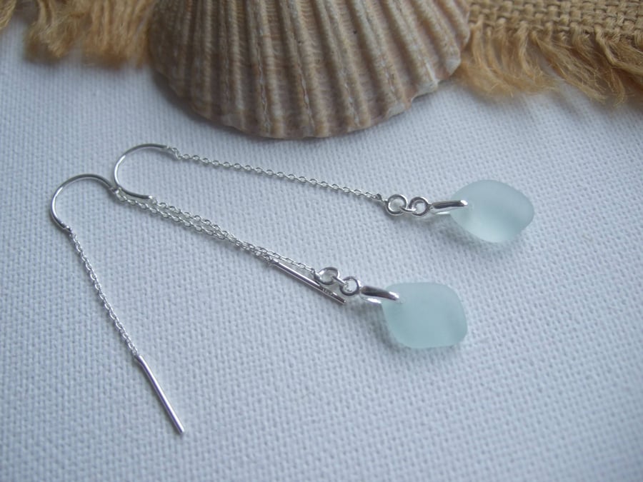 Scottish sea glass earrings, threader earrings, raindrop earrings, sea foam 