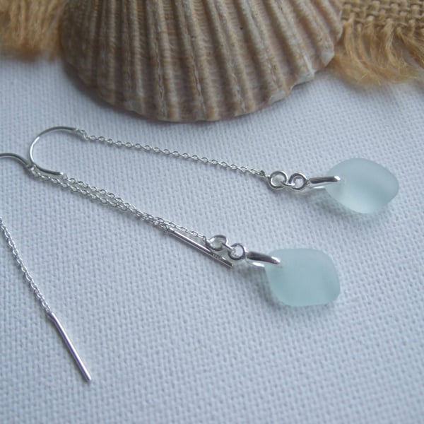Scottish sea glass earrings, threader earrings, raindrop earrings, sea foam 