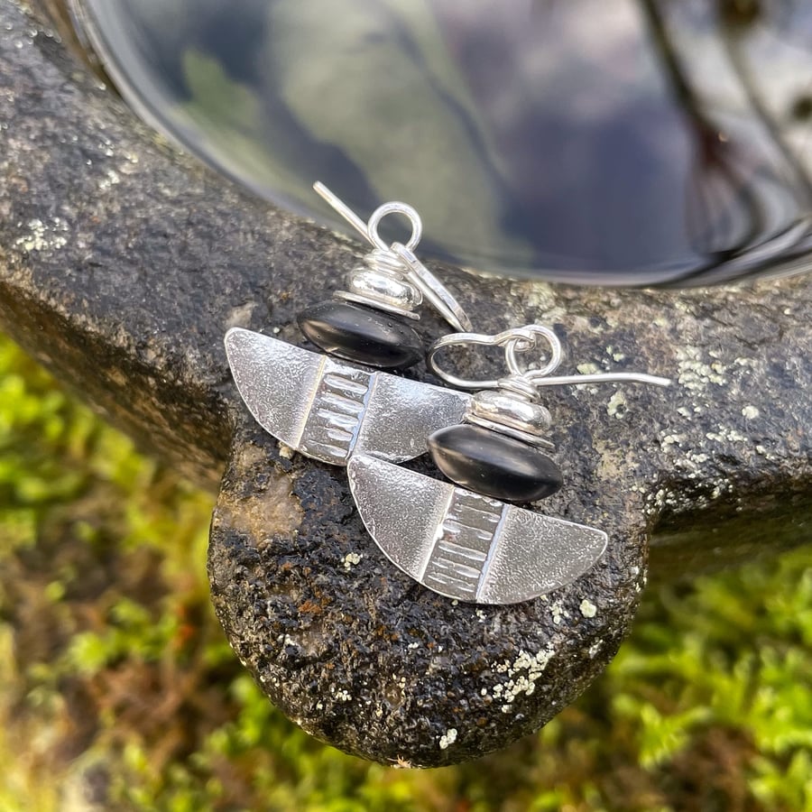 Silver and black agate tribal blade earrings.