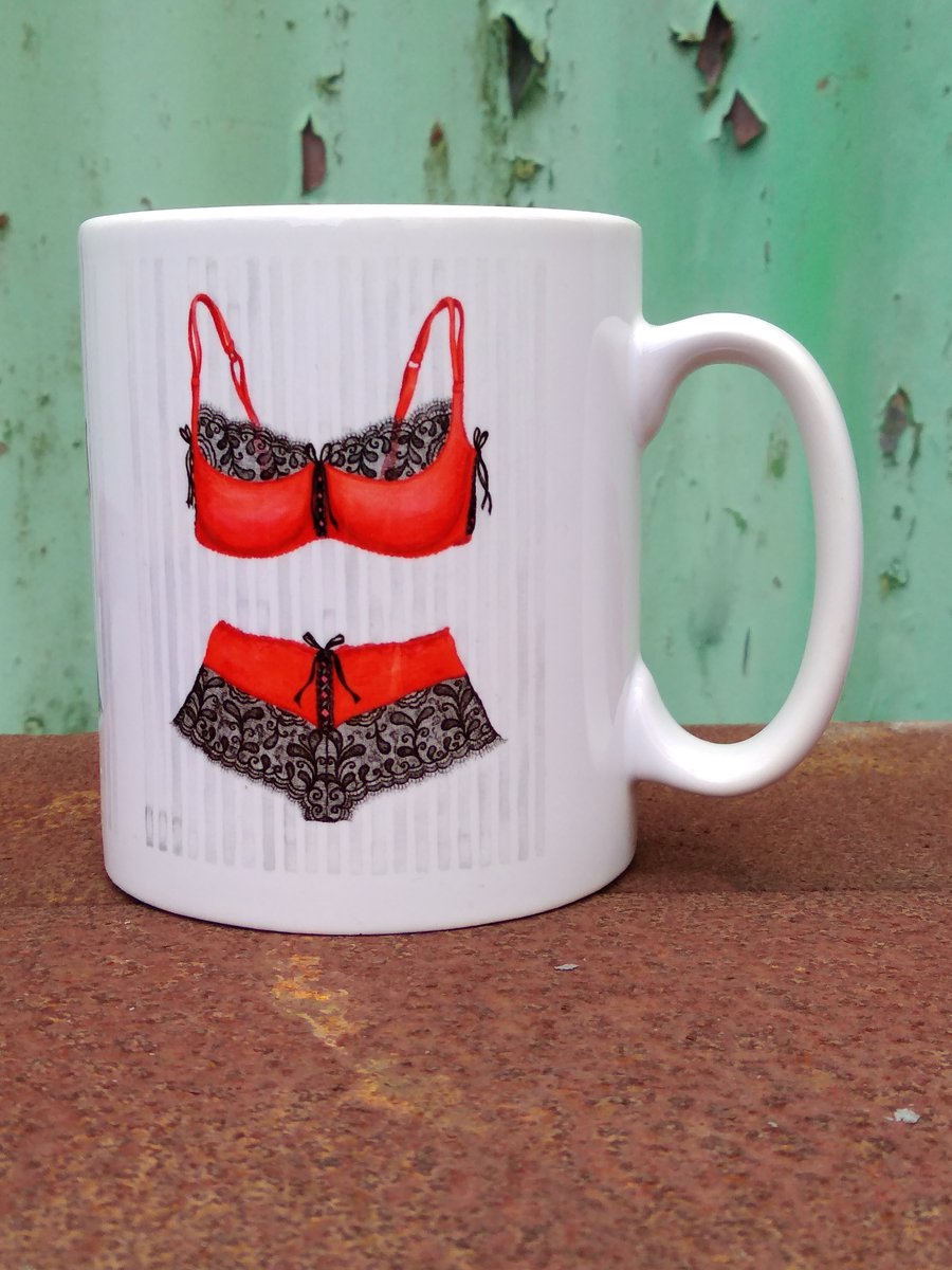 Mug printed with red and black bra and knickers image from original painting