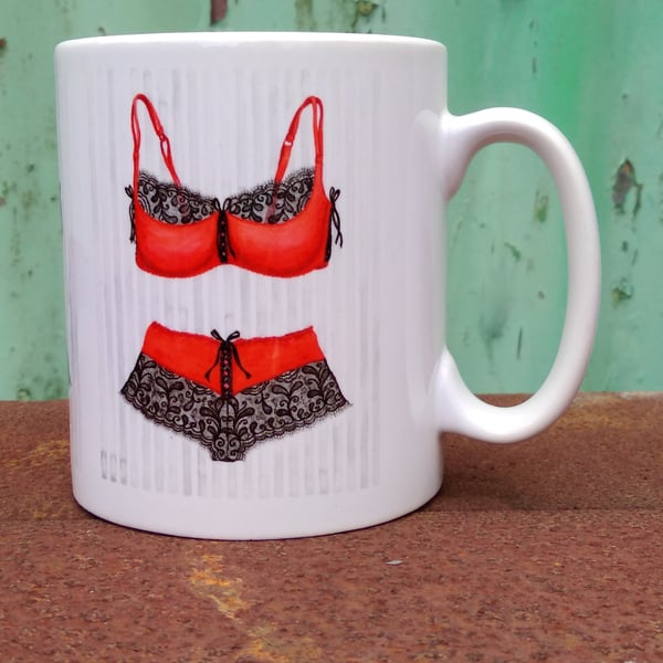 Mug printed with red and black bra and knickers image from original painting