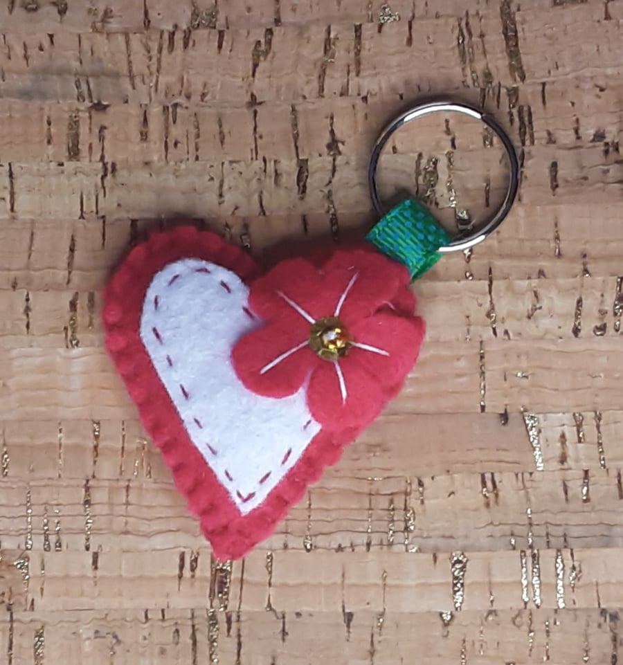 Red Heart, White Heart inset (red stitching) & Red Flower Felt Keyring-Bag Charm