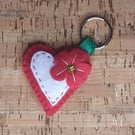 Red Heart, White Heart inset (red stitching) & Red Flower Felt Keyring-Bag Charm