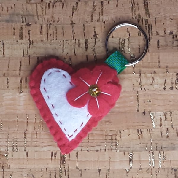 Red Heart, White Heart inset (red stitching) & Red Flower Felt Keyring-Bag Charm