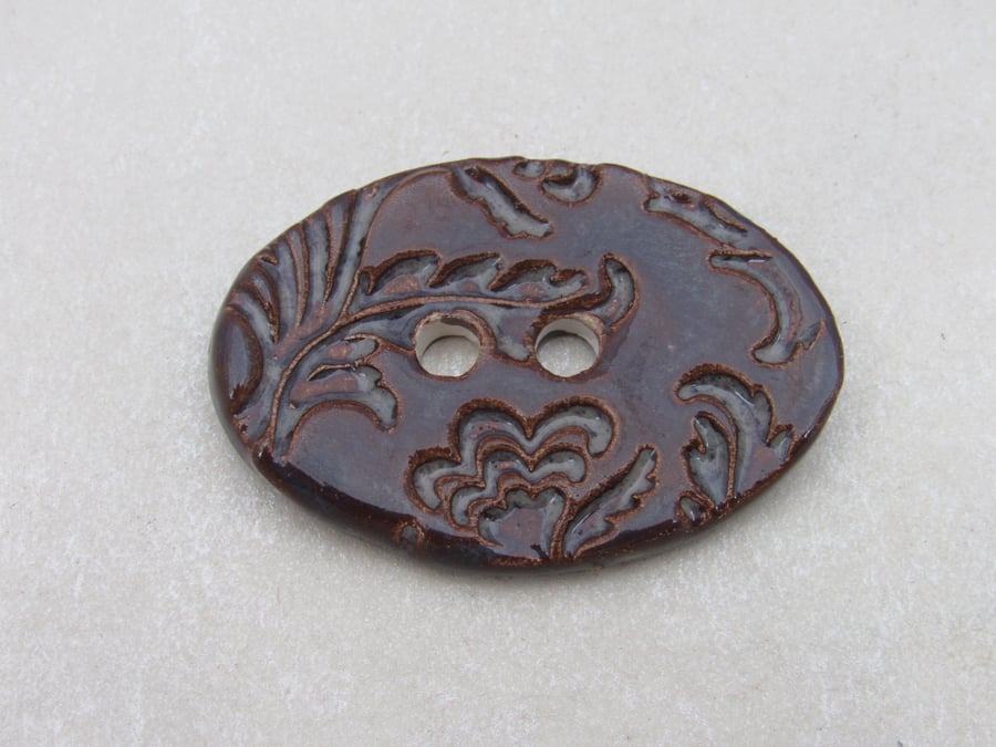 Large Dark Amethyst Brocade Oval Handmade Ceramic Button