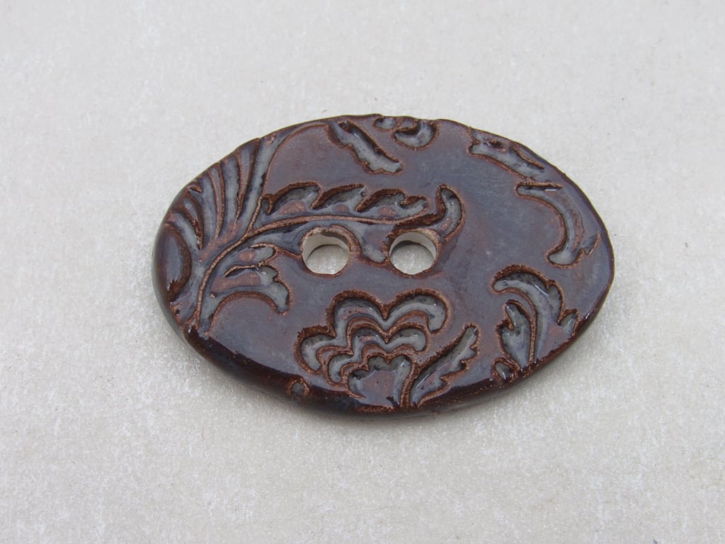 Large Dark Amethyst Brocade Oval Handmade Ceramic Button