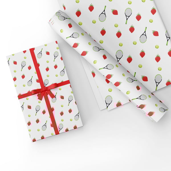 Gift Wrap Tennis Design & Matching Tag-Tennis-Strawberries Gift Wrap White-LG30