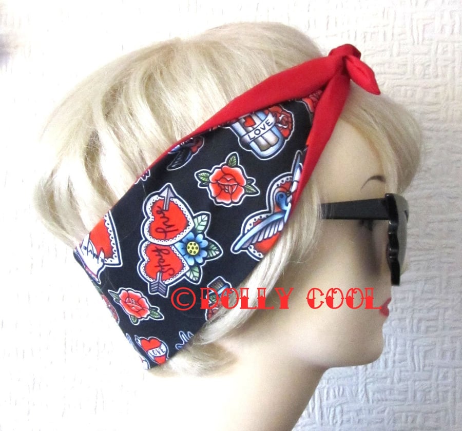 Tattoo Love Hair Tie Print Head Scarf by Dolly Cool Your Choice of Red OR Black 