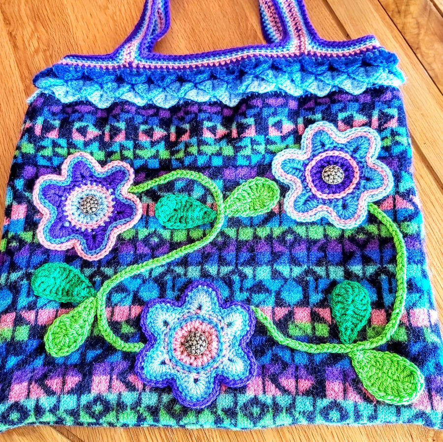 Recycled. Unique tote bag. Crochet tote or workbag. Fully lined. Magnetic clasp.