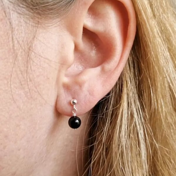 Tiny Obsidian french ball drop stud earrings. 925 sterling silver