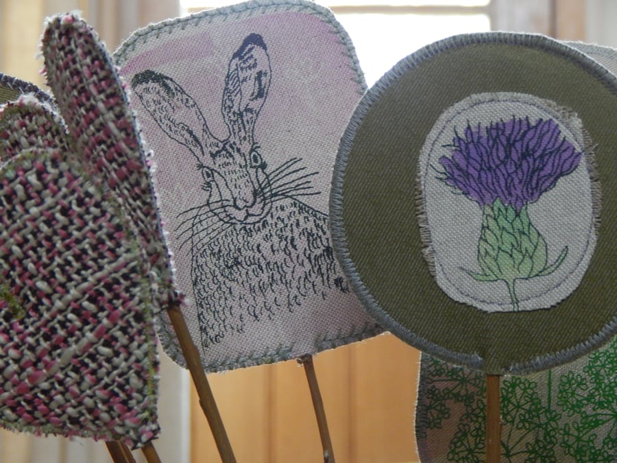 Reserved for Claire, Hare and wild rs - Screen printed fabric and willow flowers