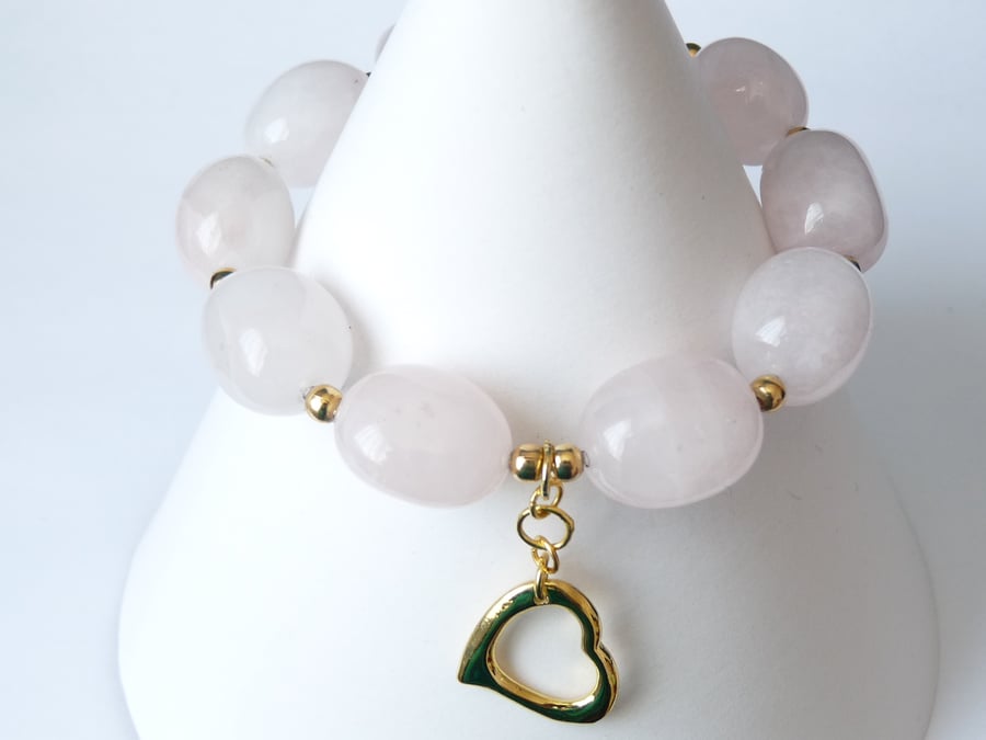 Rose Quartz Heart Charm Bracelet - Genuine Gemstone - Handmade 