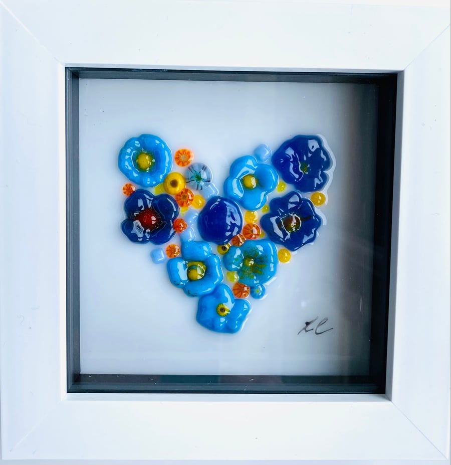 Blue fused glass heart and flowers picture