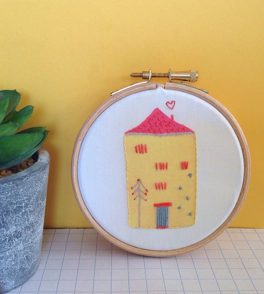 'Tall House' Printed And Hand Embroidered Hoop Art