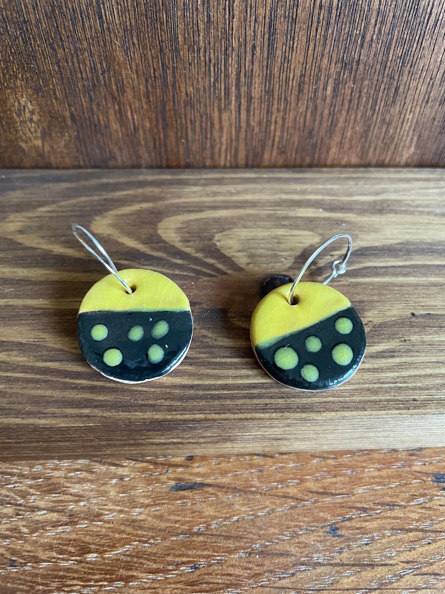 SALE!  Quirky Black & yellow ceramic earrings