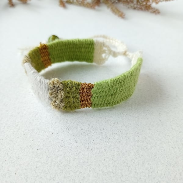 Woven Friendship Bracelet in Shades of Apple Green, Cream and Gold