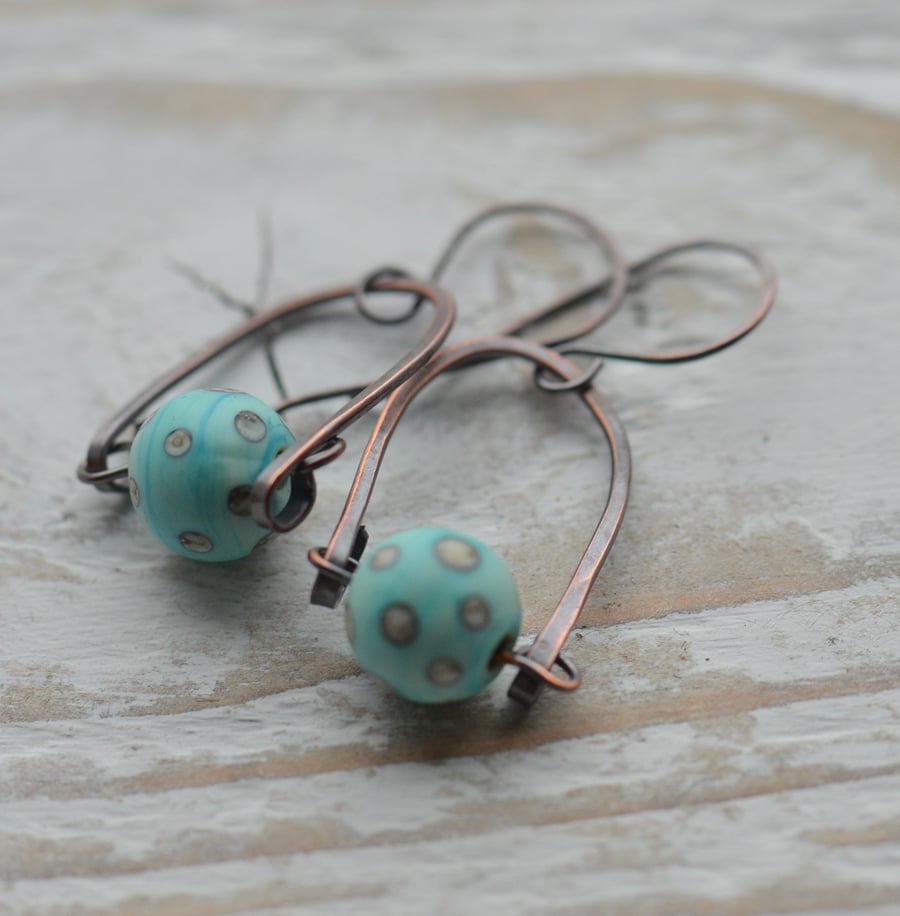 Handmade Copper Turquoise Polka Dot Lampwork Earrings