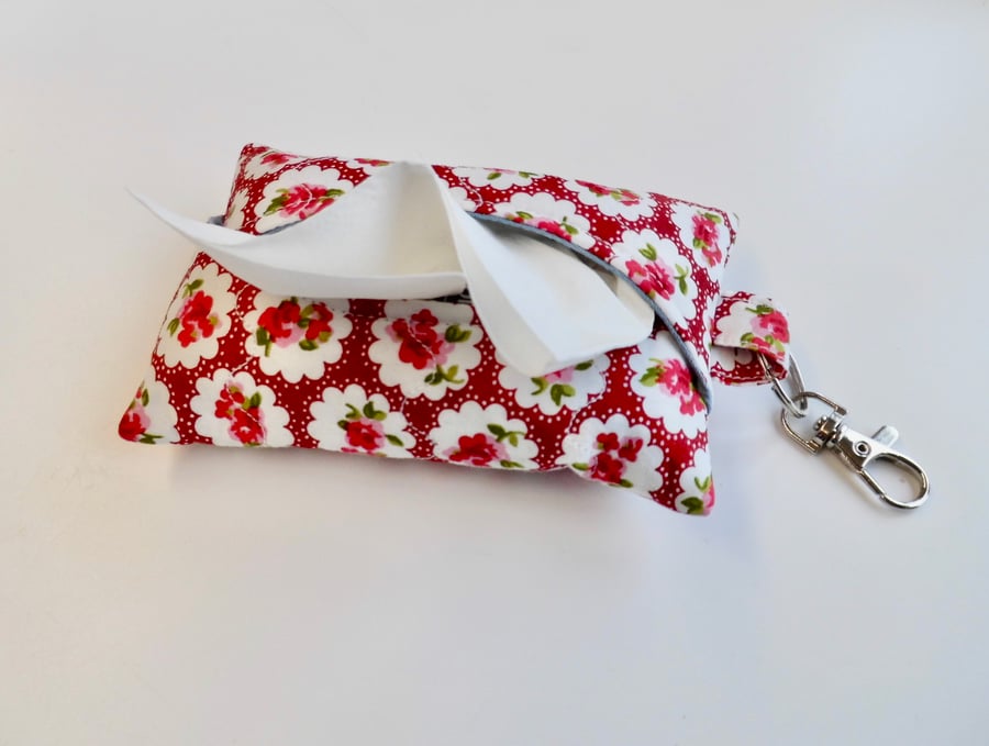 Key ring tissue holder for tissues or hankie in red and pink floral fabric 