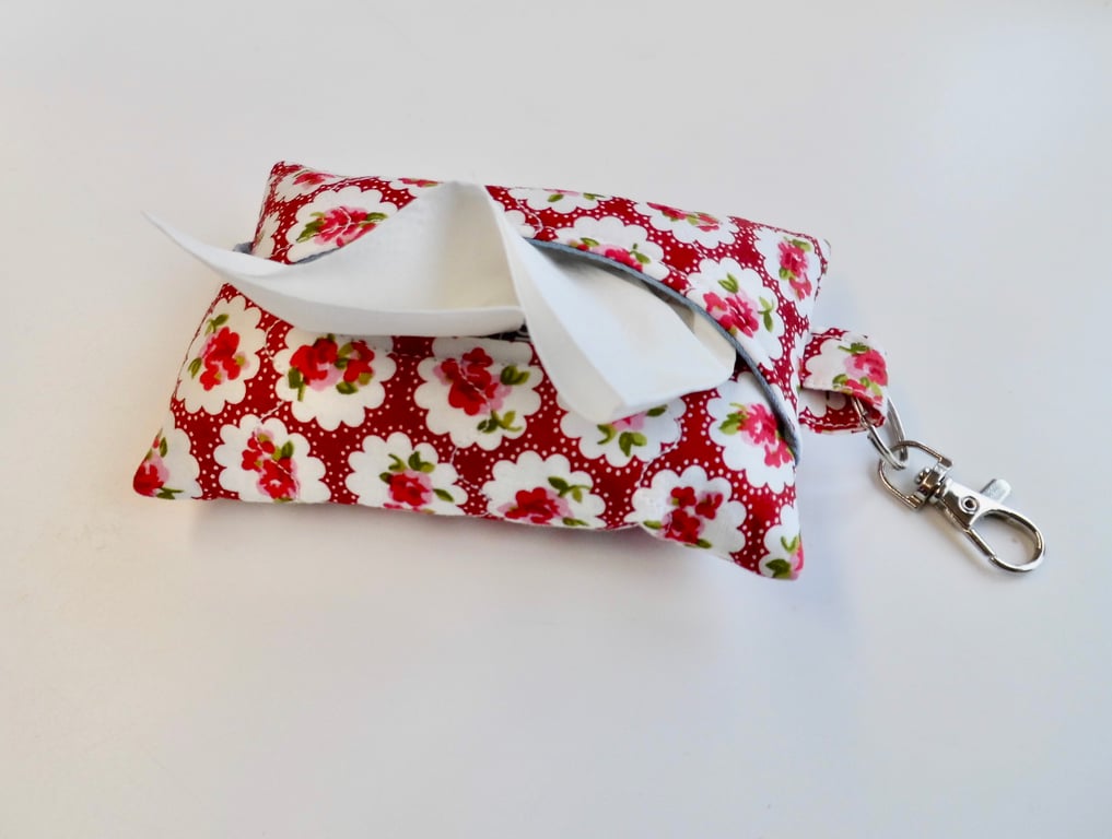 Key ring tissue holder for tissues or hankie in red and pink floral fabric 