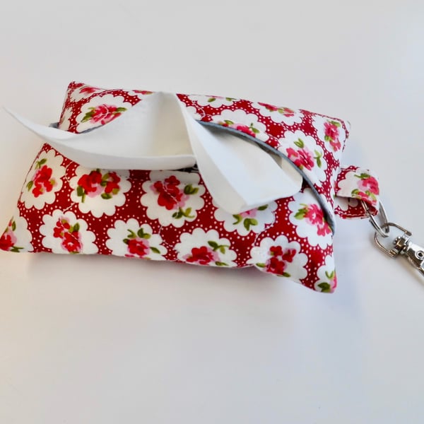 Key ring tissue holder for tissues or hankie in red and pink floral fabric 
