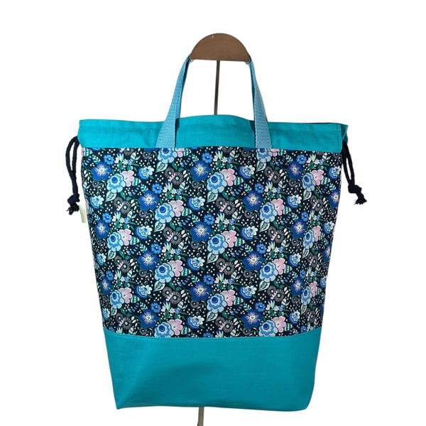 Liberty fabric Extra Large drawstring knitting bag with floral print, multi pock